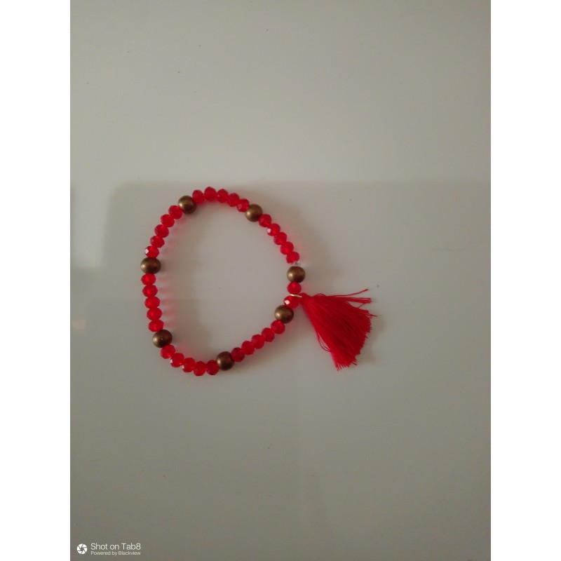 Bracelet cristaux rouge/bronze pompon