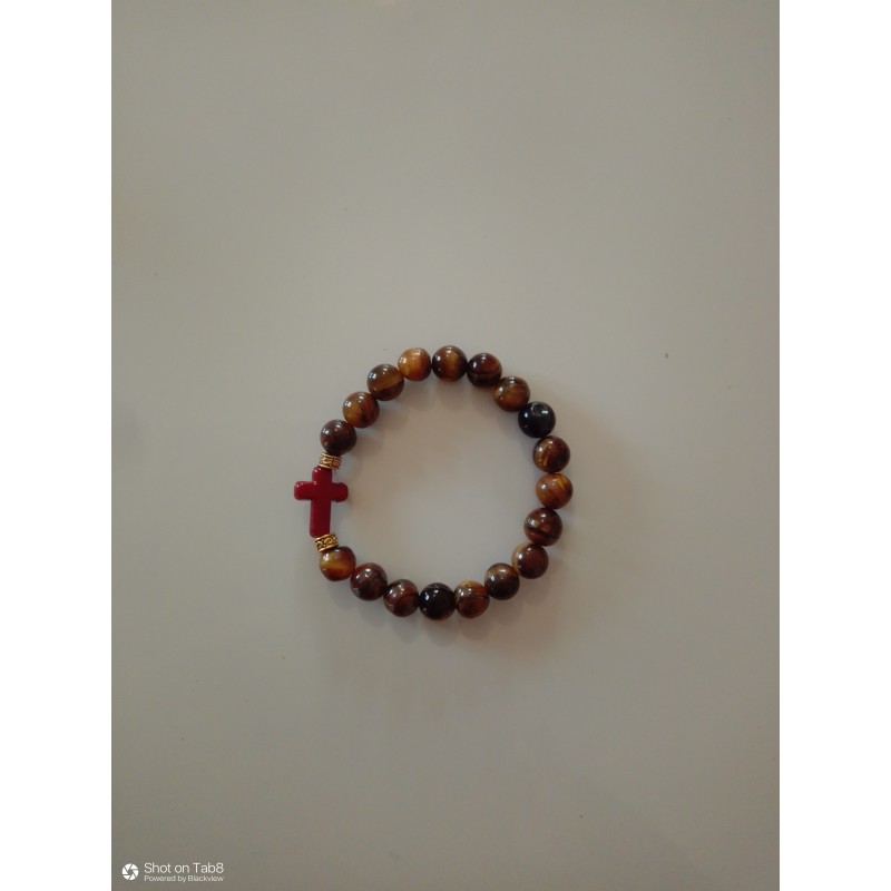 Bracelet oeil de tigre croix bordeau